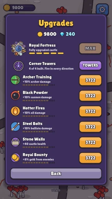 Upgrades screen with corner towers and upgrades up to level 20